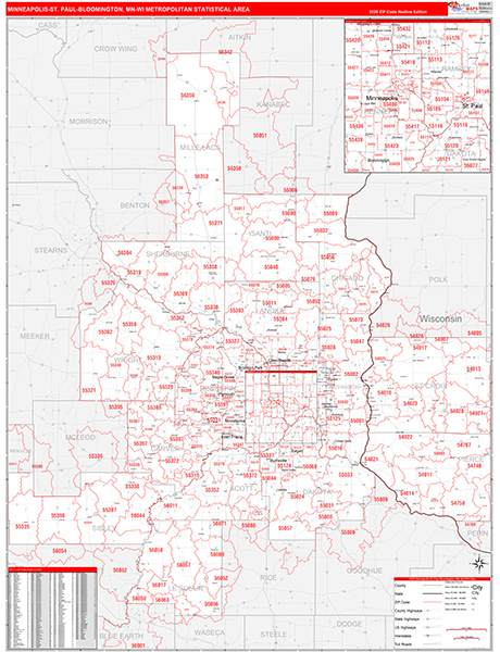 Minneapolis-St. Paul-Bloomington Metro Area Wall Map Red Line Style